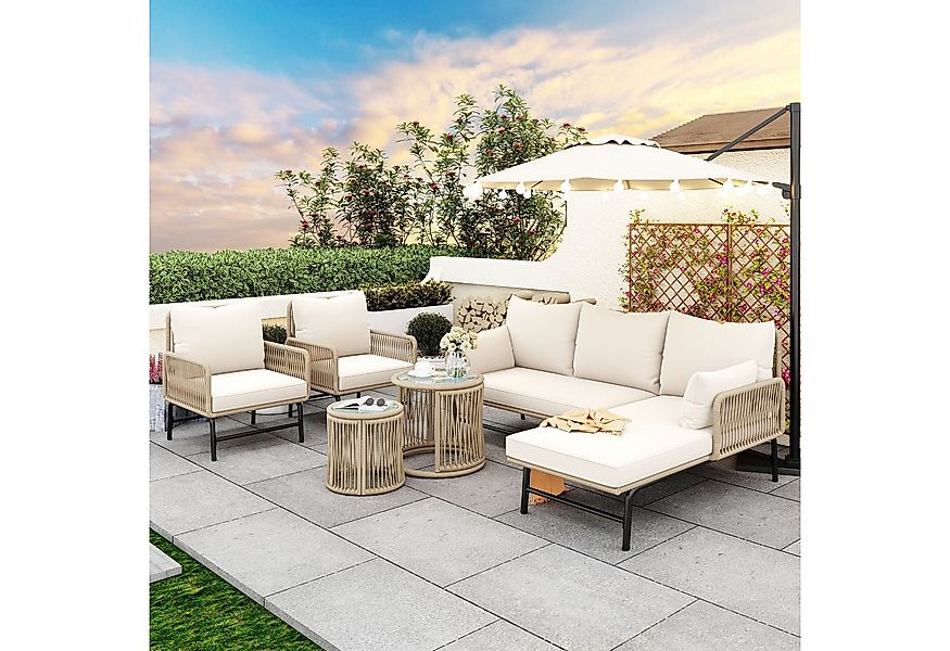 Flieks Gartenlounge-Set, 6-Sitzer Gartenmöbel mit gewebtem Seil (2 Sofas+2 günstig online kaufen