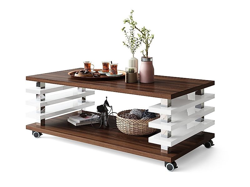 designimpex Couchtisch Carl Svensson DC-3 Wohnzimmertisch Rollen Nussbaum - günstig online kaufen