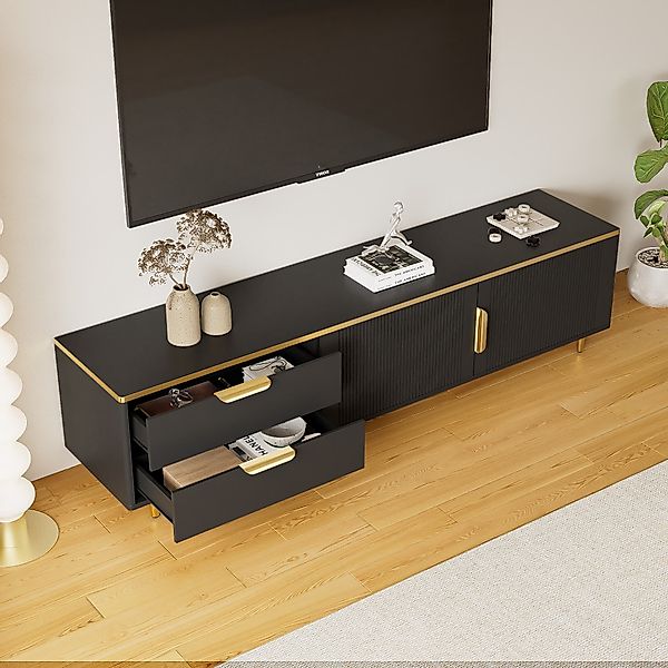 TV-Schrank mit Stauraum schwarz gold 175 cm - geschnitzter Textur vergoldet günstig online kaufen
