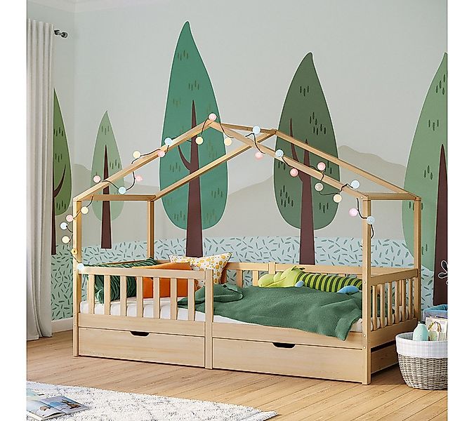 Bellabino Hausbett Bia mit Rausfallschutz & Lattenrost (natur, mit zwei Sch günstig online kaufen