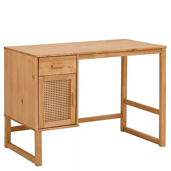 Moderner Schreibtisch aus Kiefer Massivholz und Rattan Tür günstig online kaufen