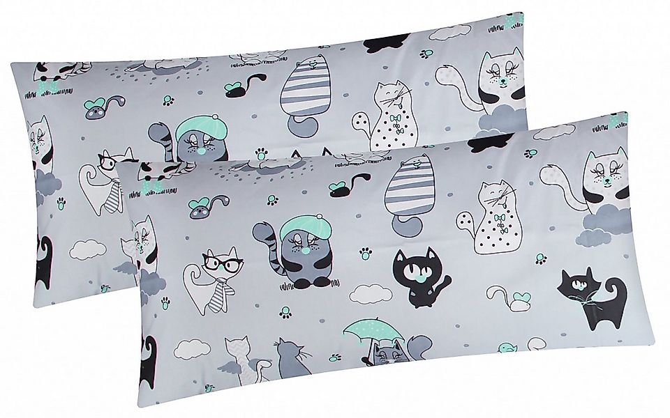 Heubergshop Kissenbezug, (2 Stück), 2er Set 40x80cm Katzen Grau Grün Kinder günstig online kaufen