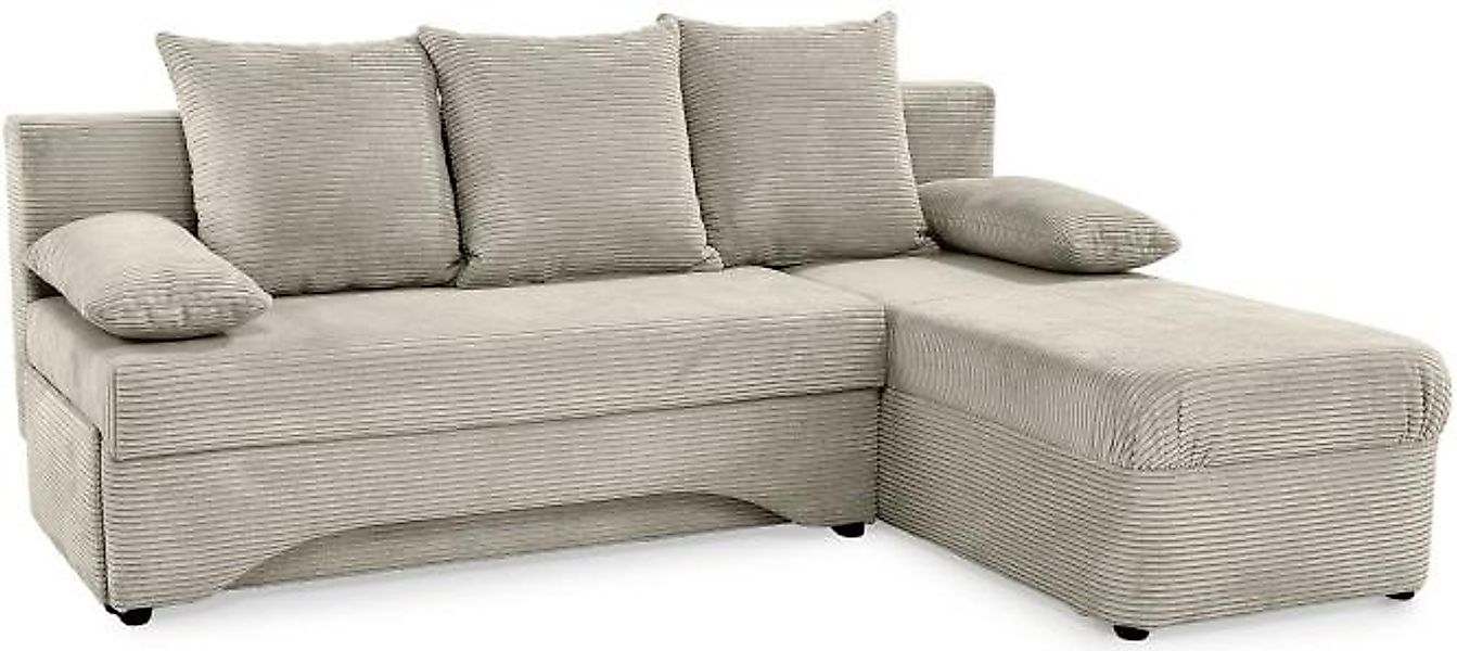 Ecksofa Cord inkl. Bettfunktion, Bettkasten und Kissen Greige günstig online kaufen