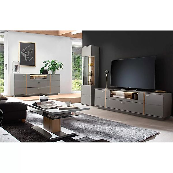 Wohnmöbel Set SAVANNAH-05 in grau mit Eiche inkl. Sideboard, Vitrine, TV-El günstig online kaufen