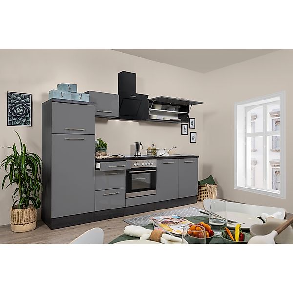 Respekta Premium Küchenzeile 270 cm Grau Hochglanz-Eiche Grau günstig online kaufen