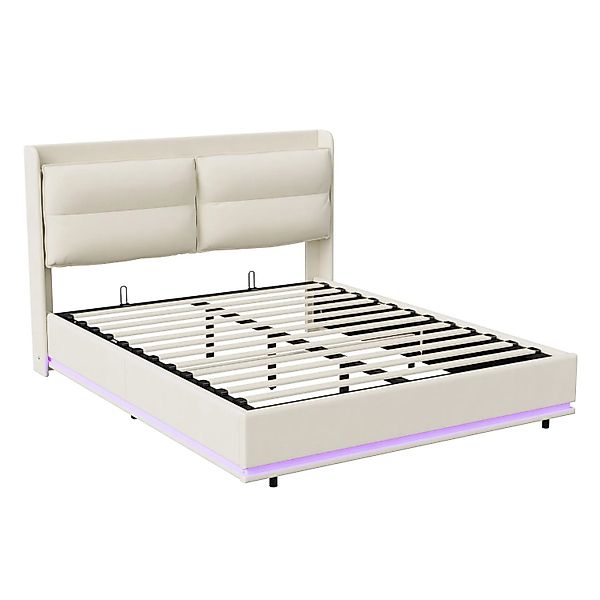 PXloue Bett Doppelbett 160x200cm in Beige mit Stauraum LED&Ladefunktion günstig online kaufen