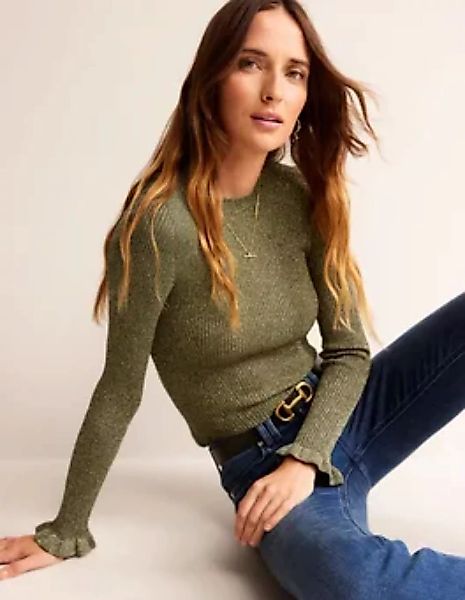 Party-Pullover aus glitzerndem Rippstrick Damen Boden, Oliv-Metallic günstig online kaufen