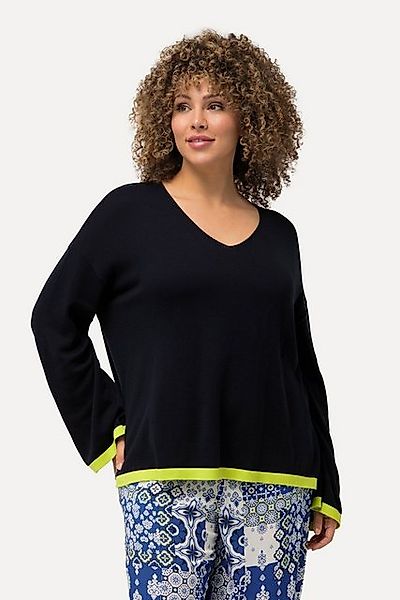 Ulla Popken Strickpullover Pullover farbige Bündchen V-Ausschnitt Langarm günstig online kaufen