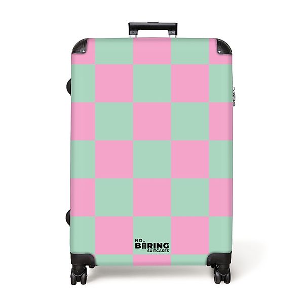 NoBoringSuitcases.com© Hartschalen-Trolley Rosa mit türkisem Schachbrettmus günstig online kaufen