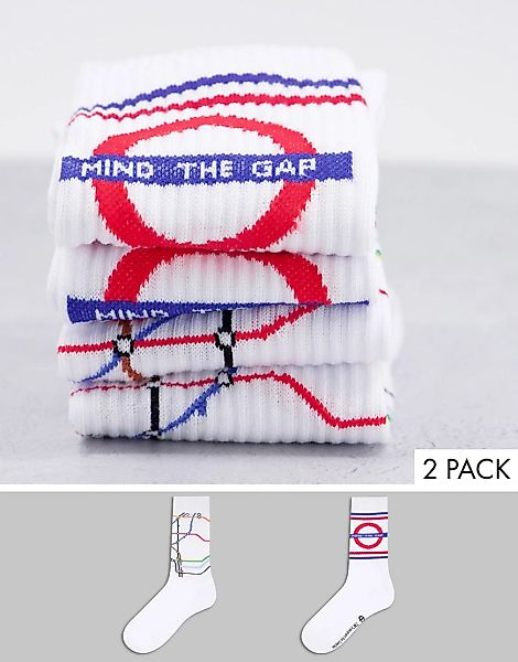 ASOS DESIGN – 2er-Pack Sportsocken in Weiß mit Londoner U-Bahn-Design günstig online kaufen