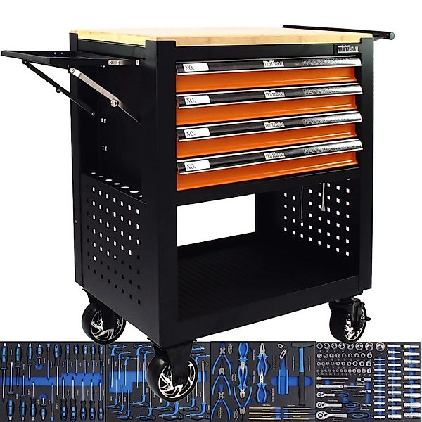 TRUTZHOLM Werkstattwagen 4 Schubladen Bestückt Massivholzplatte Orange günstig online kaufen