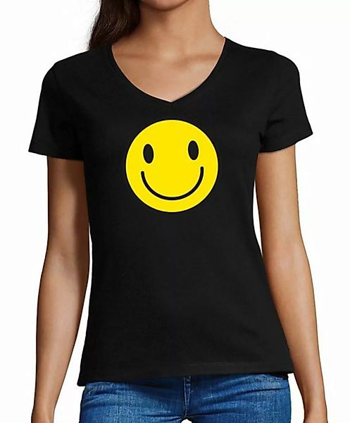 MyDesign24 T-Shirt Damen Smiley Print Shirt - Lächelnder Smiley V-Ausschnit günstig online kaufen