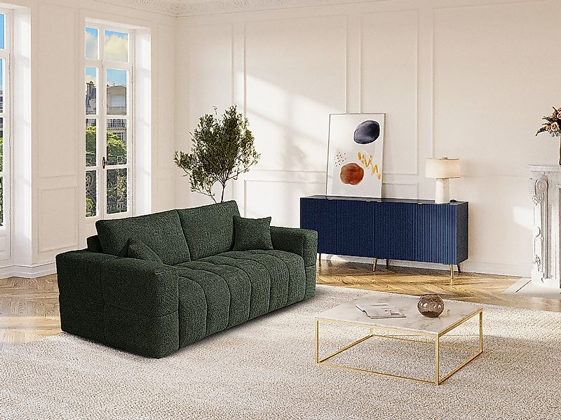 Schlafsofa 3-Sitzer mit Matratze – Bouclé-Stoff – Grün – Liegefläche 140 cm günstig online kaufen