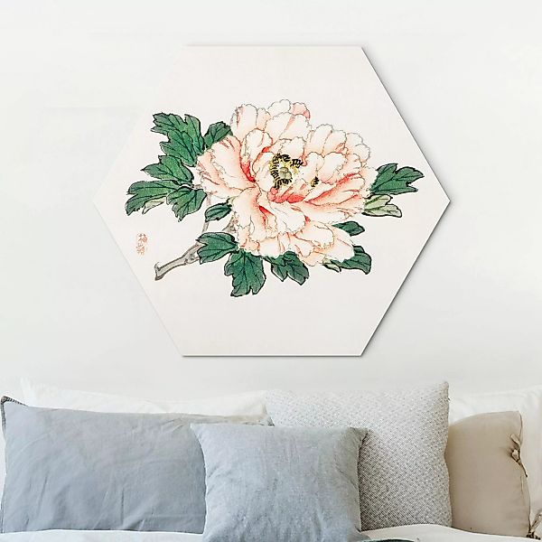 Hexagon-Alu-Dibond Bild Asiatische Vintage Zeichnung Rosa Chrysantheme günstig online kaufen