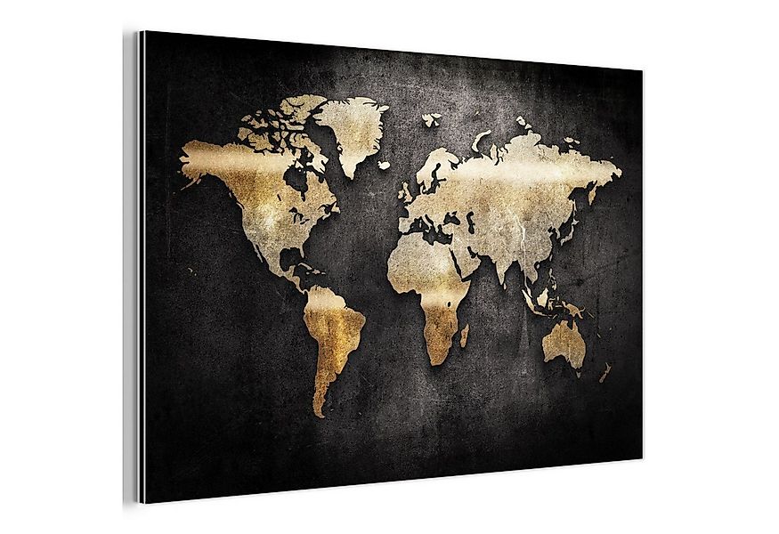 MuchoWow Metallbild Weltkarte - Gold - Schwarz, Inkl. Aufhängung, Wohnzimme günstig online kaufen