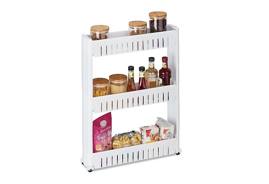 relaxdays Küchenregal Schmaler Nischenwagen mit 3 Ablagen, weiß günstig online kaufen