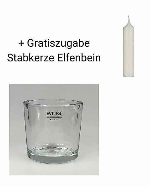 Windlicht klar Höhe 8 cm, Durchmesser 9 cm + Gratiszugabe Stabkerze Elfenbe günstig online kaufen