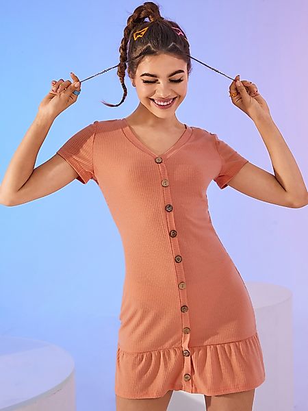 YOINS V-Ausschnitt Knopfleiste vorne Kurze Ärmel Mini Kleid günstig online kaufen