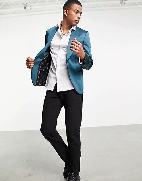 Twisted Tailor – Anzugjacke mit breitem Schal-Revers aus grünem Satin günstig online kaufen
