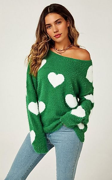 FS Collection Strickpullover Weißer Pullover mit Herzmuster in Grün – Lange günstig online kaufen