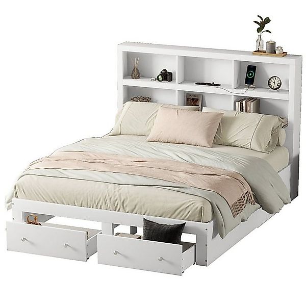 Ulife Massivholzbett Doppelbett Kingsize mit USB-Anschluss, Kopfteil mit St günstig online kaufen