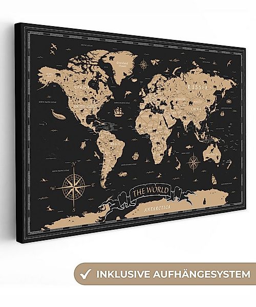 OneMillionCanvasses® Leinwandbild Weltkarte - Beige - Schwarz, Fotodruck (1 günstig online kaufen