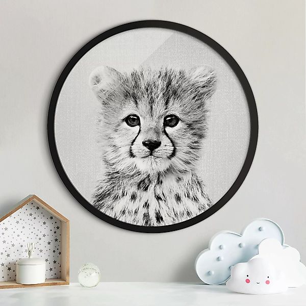 Rundes Gerahmtes Bild Baby Gepard Gino Schwarz Weiß günstig online kaufen