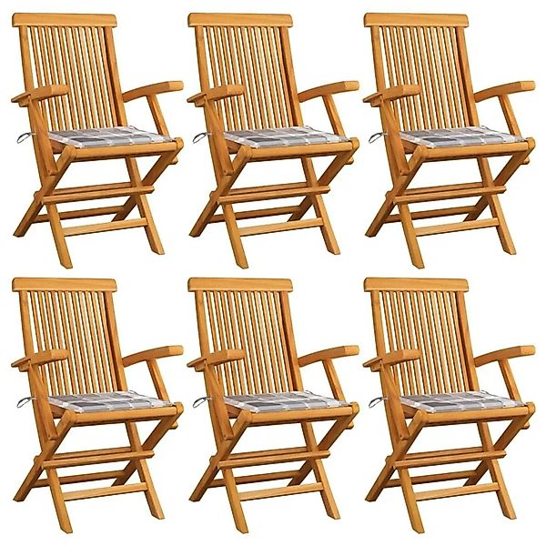 vidaXL Gartenstühle Graue Karomuster-Kissen 6 Stk Massivholz Teak 3062555 günstig online kaufen