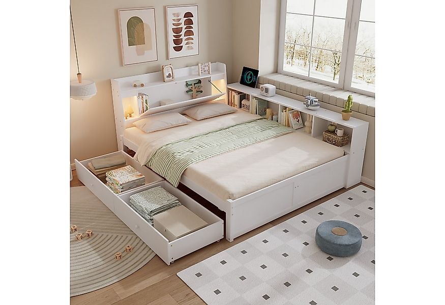 Flieks Holzbett, Doppelbett Kinderbett 140x200cm mit LED Stauraum Aufladen günstig online kaufen