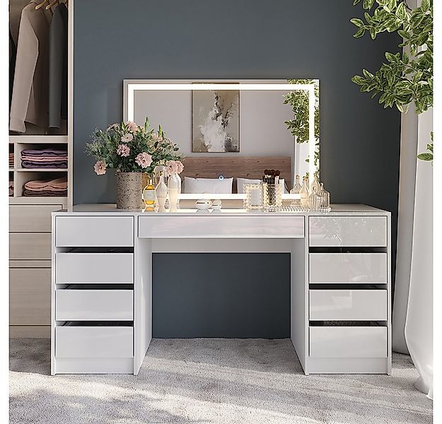 Vicco Schminktisch Sherry, Weiß/Weiß Hochglanz, 158.2 cm mit LED-Spiegel günstig online kaufen