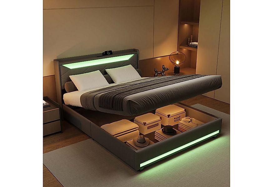PXloue Polsterbett LED hydraulisches Doppelbett, Stauraumbett,mit Lattenros günstig online kaufen