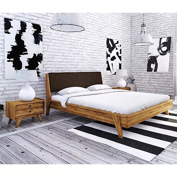 Flaches Bett aus Wildeiche Massivholz gepolstertem Kopfteil in Dunkelbraun günstig online kaufen