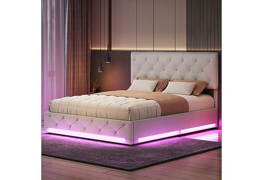 PXloue Polsterbett LED hydraulisches Doppelbett, Stauraumbett,mit Lattenros günstig online kaufen