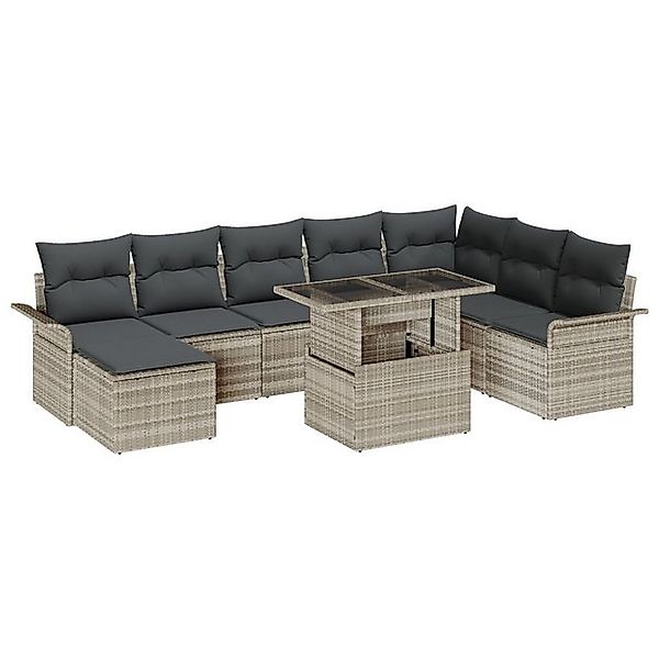 vidaXL Loungesofa 9-tlg. Garten-Sofagarnitur mit Kissen Hellgrau Poly Ratta günstig online kaufen