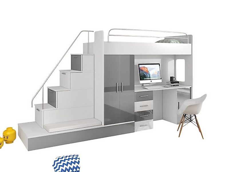 Compleo Jugendbett Etagenbett mit Schreibtisch und Treppe, Schrank und Schr günstig online kaufen
