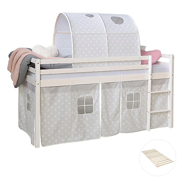 Homestyle4u Hochbett 90x200 Weiß mit Lattenrost und Tunnel 2766 günstig online kaufen