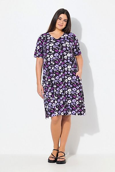 Ulla Popken Jerseykleid Jerseykleid Blüten A-Linie V-Ausschnitt Halbarm günstig online kaufen