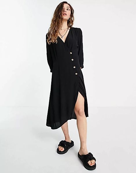 Monki – Kleid in Schwarz mit Knopfdetail günstig online kaufen