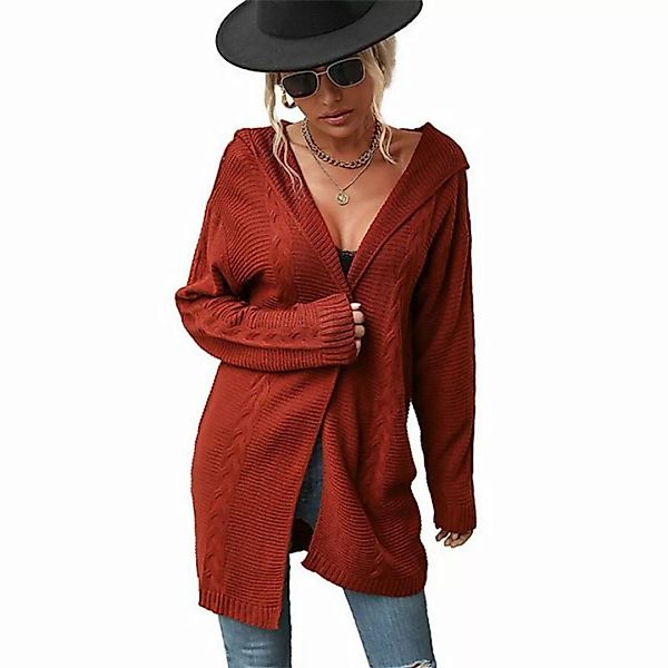 FIDDY Strickpullover Damenjacke mit langen Ärmeln, Kapuze und rotem Strickp günstig online kaufen