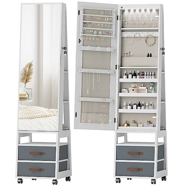 HOMCOM Schmuckschrank mit LED-Innenbeleuchtung, Rollen, Ganzkörperspiegel, günstig online kaufen