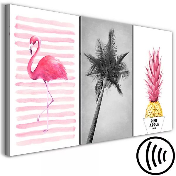 Leinwandbild Exotische Komposition mit Flamingo, Palme und Ananas – Triptyc günstig online kaufen