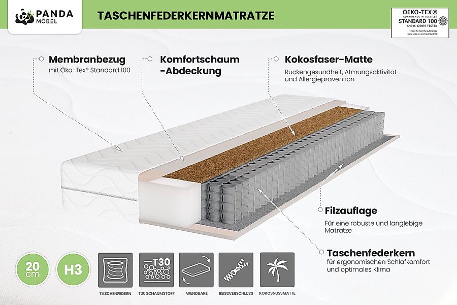 Taschenfederkernmatratze Pocket mit Kokosmatte 90cm 100cm günstig online kaufen