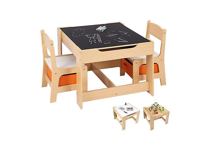 COSTWAY Kindersitzgruppe, 3tlg. Kindertisch mit 2 Stühlen, Stauraum & Tafel günstig online kaufen