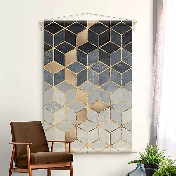 Wandteppich Blau Weiß goldene Geometrie günstig online kaufen
