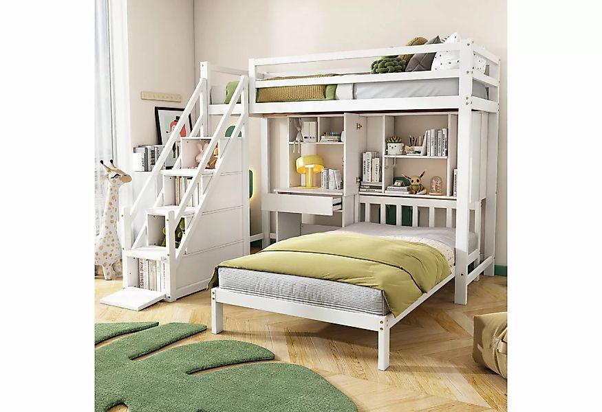 Flieks Etagenbett, Kiefernholz Kinderbett mit Schreibtisch und Treppe 90x20 günstig online kaufen