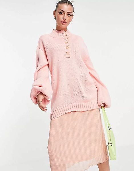 Annorlunda – Oversize-Sweatshirt mit hohem, geknöpftem Halsausschnitt-Rosa günstig online kaufen