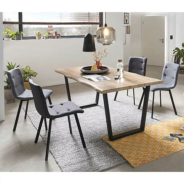 Baumkanten Esstischgruppe in Wildeichefarben und Grau 160 cm Tisch (fünftei günstig online kaufen