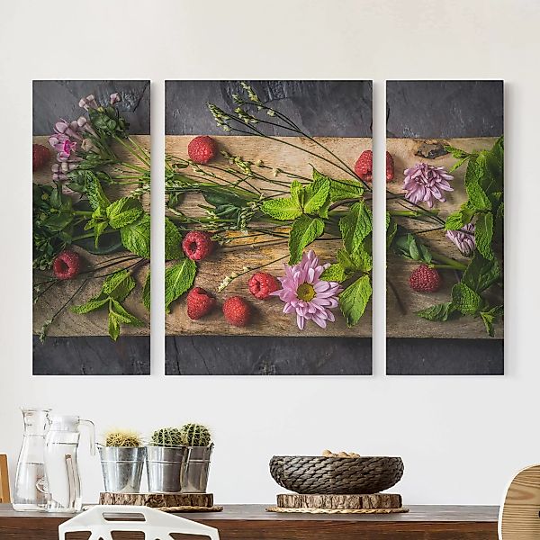 3-teiliges Leinwandbild Küche - Querformat Blumen Himbeeren Minze günstig online kaufen