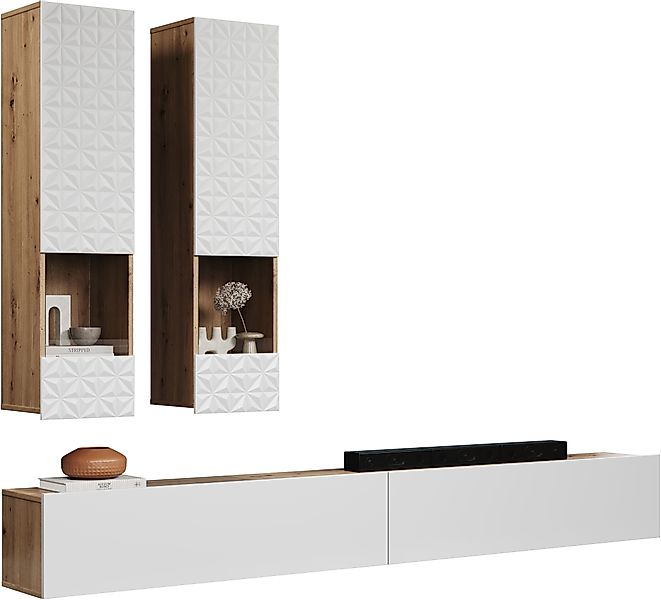 INOSIGN Wohnwand »Rezzo, 2 Hängevitrinen mit Relief-Front, 2 Lowboards je B günstig online kaufen