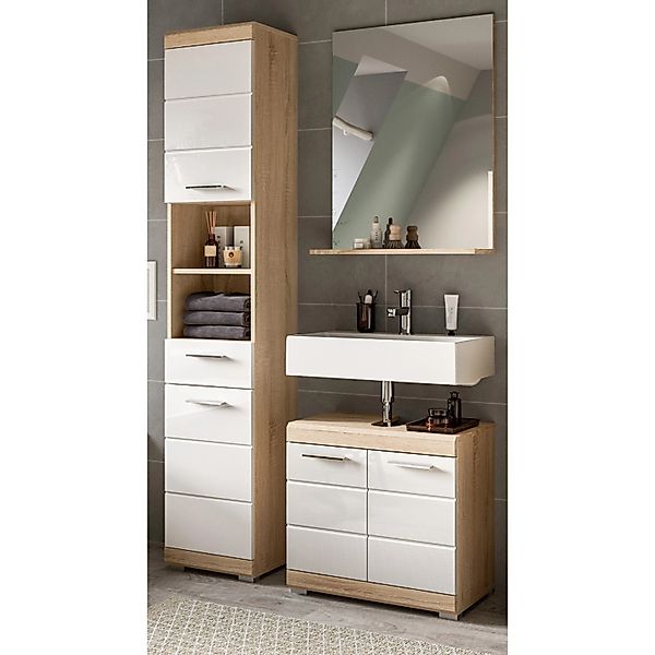 Inn.Furn Badmöbel Set 3-teilig in Weiß Hochglanz und Eiche 112 cm Mambo günstig online kaufen